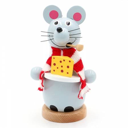 Räucherfigur Maus grau farbig mit Käse