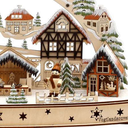 Schwibbogen Weihnachtsmarkt verschneit Acrylglas Winterkinderfiguren