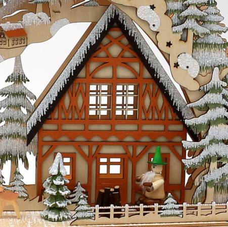 Schwibbogen Winterlandschaft mit Fachwerkhaus und Waldwichtel Figuren