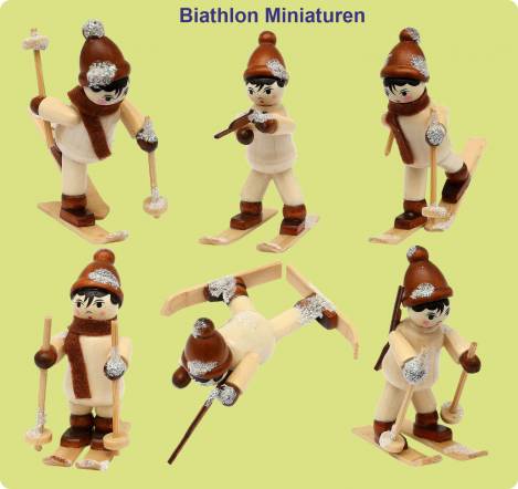 Holz Miniaturfiguren Winterkinder als Biathlon läufer auf Ski