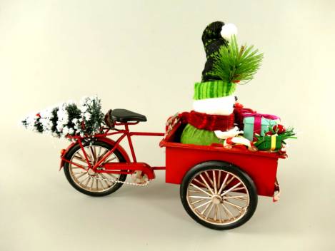 lastenfahrrad weihnachtsmann mit schneemann und geschenken