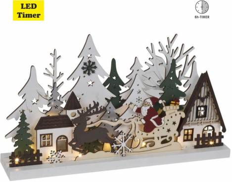 LED-Weihnachtsstadt Diorama Weihnachtsmann im Rentierschlitten holz