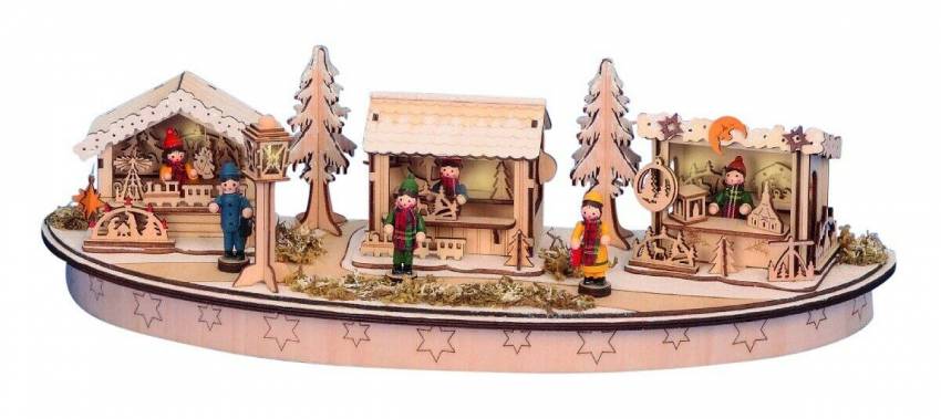 weihnachtsmarkt-hütten innen beleuchtet mit 3 Winterfiguren und Laterne