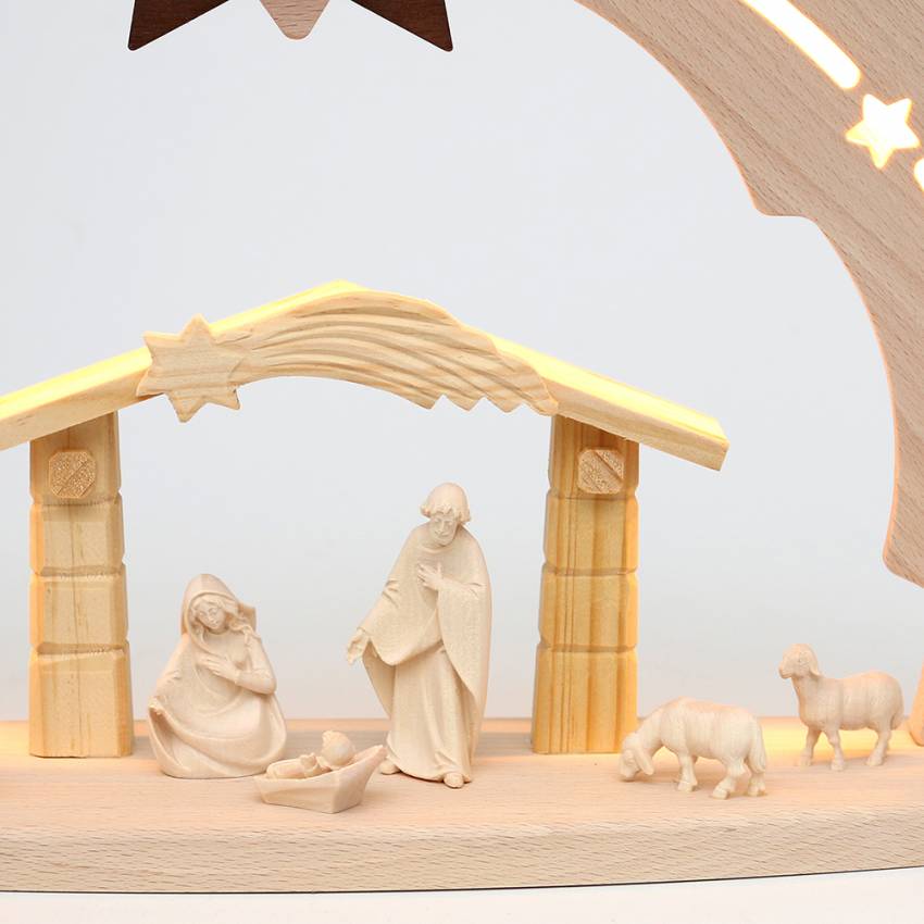 3D-Holz hochwertiger-Schwibbogen "Heilige Familie", mit gechnitzen Figuren