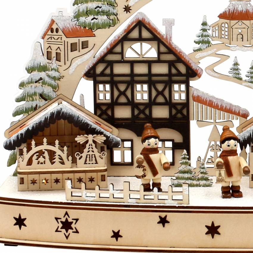 Schwibbogen Weihnachtsmarkt verschneit Acrylglas Winterkinderfiguren