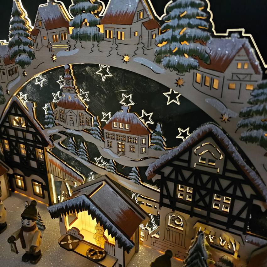 Schwibbogen Weihnachtsmarkt verschneit Acrylglas Winterkinderfiguren