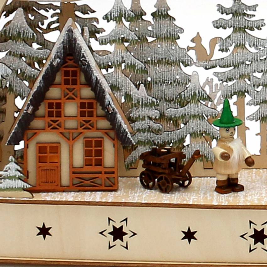 Schwibbogen Winterlandschaft mit Fachwerkhaus und Waldwichtel Figuren