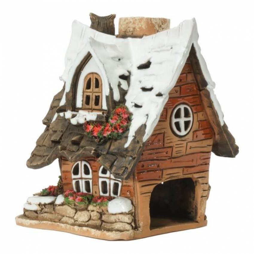 Lichthaus Keramik auf Holzplanken und dekorativen Blumenkästen mit Eule auf dem Dach. Handgefertigt und handbemalt mit wunderschönen Farben. Ideal für Winter- und Weihnachtsdekorationen sowie für eine gemütliche Hausdekoration. Größe: zirka HxBxT 15 x12 x