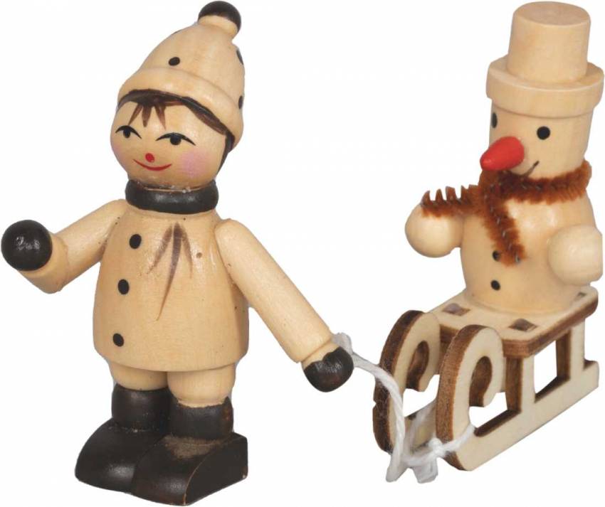 miniaturen winterkind mit schneemann schlitten holzkunst