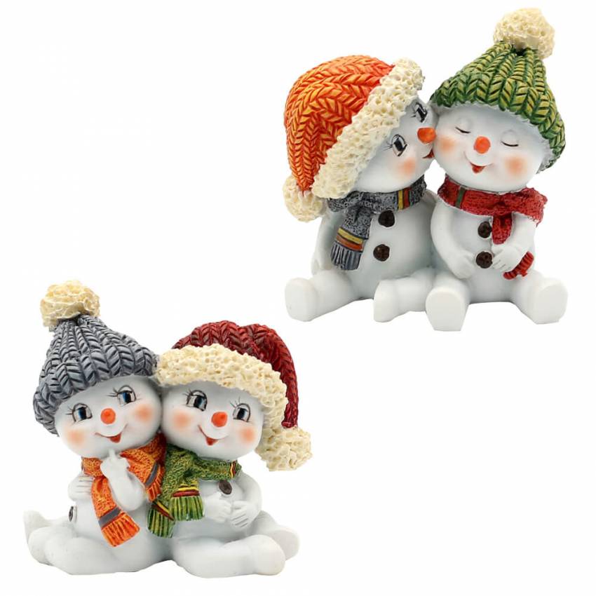 Polyresin Schneekinderpaar mit Mütze und Scha