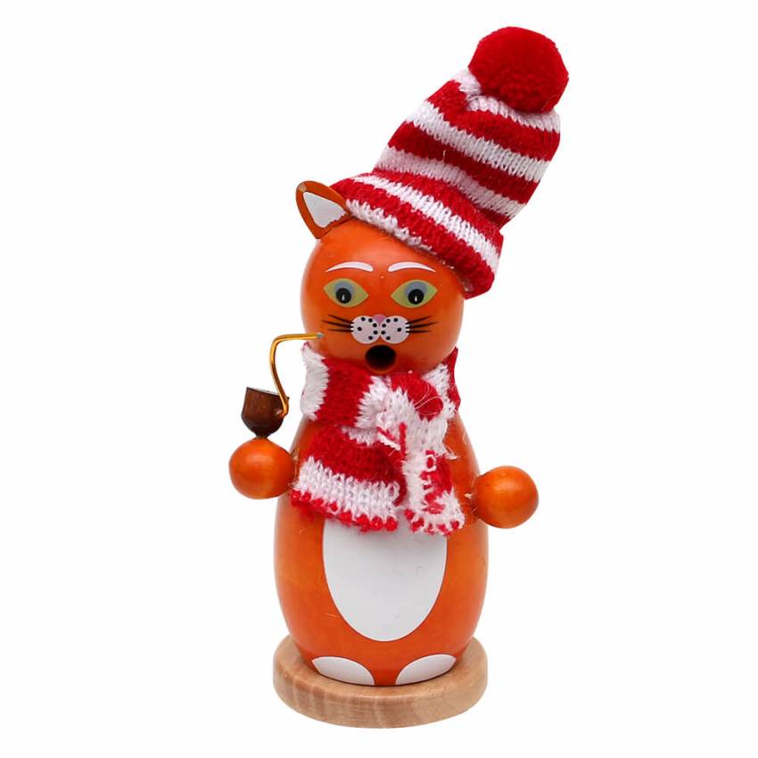 räucherfigur katze gelbgold mit weihnachtsmütze