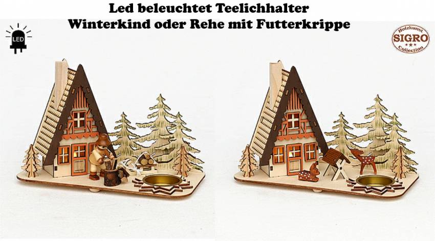 teelichthalter waldhütte mit figuren rehe oder waldarbeiter